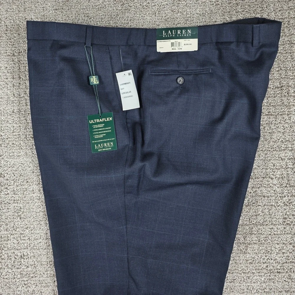 Lauren Ralph Lauren Mens Navy Blue Wool Plaid Ultraflex Dress Pants 52W UNHEMMED